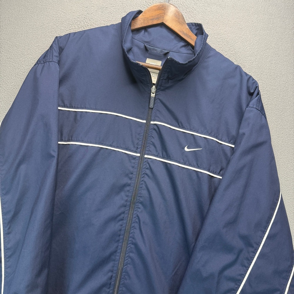 Nike Track Jacket XXL Navy/White Polyester Full Zip Swoosh Windbreaker Outdoor